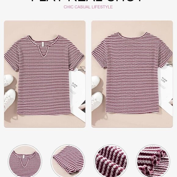 Women's Casual V-Neck Striped Top - Large, Red Stripe - Picture 5 of 5